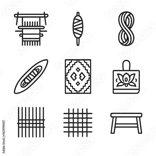 Global Weaving Icons. Outline icon set of global textile weaving traditions: backstrap loom, spinning spindle, dyed yarn skein,