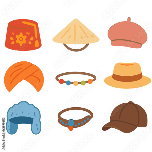 Global Headwear Icons. Flat vector mini-illustrations global headwear trends in colors children's illustrations: embroidered fez,