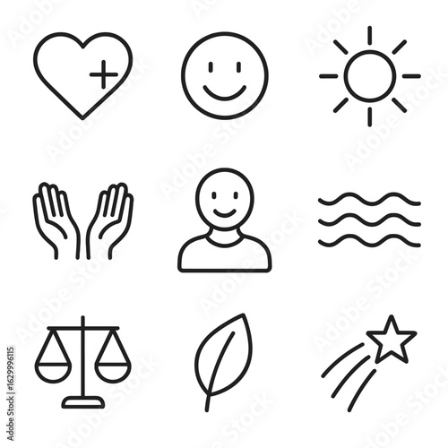 Positive Mindset Icons. Outline icon set of positive mindset: heart with plus sign, happy face, open hands, sun icon, smiling