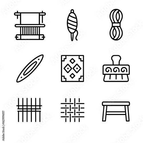 Global Weaving Icons. Outline icon set of global textile weaving traditions: backstrap loom, spinning spindle, dyed yarn skein,