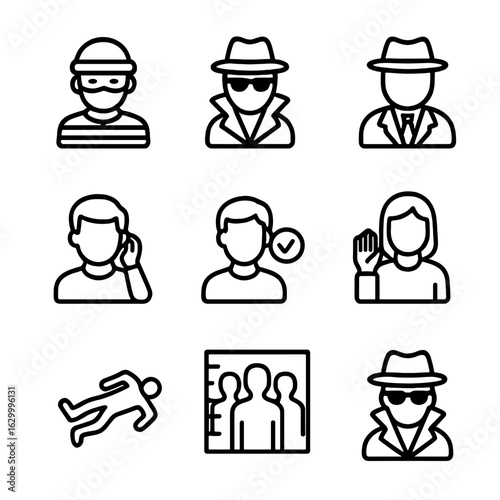 Detective Icon Grid. Outline icon set of detective suspects: thief, spy, gangster, informant, accomplice, witness, victim, suspect