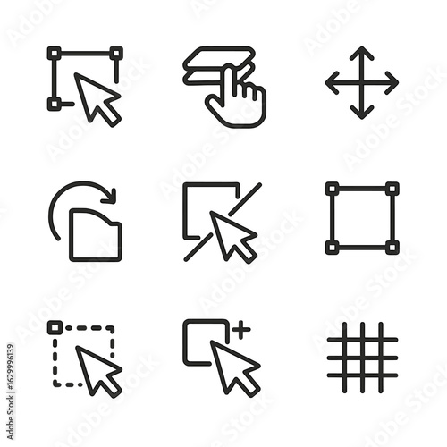 Design Tool Icons. Outline icon set of drag in design and editing tools: object drag, layer drag, move tool, rotate handle, scale
