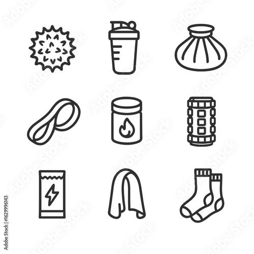 Post-Workout Recovery Icons. Outline icon set of post-workout recovery items: massage ball, protein shake, ice pack, stretching