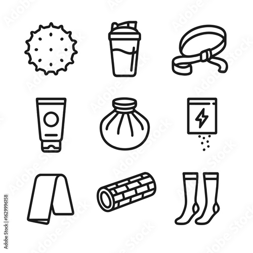 Post-Workout Recovery Icons. Outline icon set of post-workout recovery items: massage ball, protein shake, ice pack, stretching