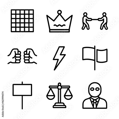 Power Struggle Icons. Outline icon set of power struggle: chess board, broken crown, tug of war, clenched fists, lightning bolt,