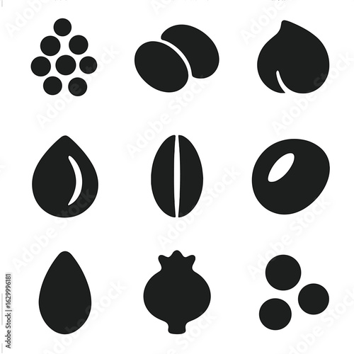 Edible Seeds Icons. Solid, filled icon set of edible seeds: quinoa, lentil, chickpea, buckwheat, barley seed, soybean, mung bean,