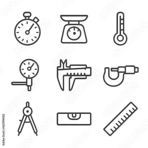 Precise Measurement Icon Set. Outline icon set of precise measurement instruments: stopwatch, scale, thermometer, dial gauge,
