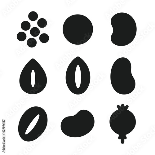 Edible Seeds Icons. Solid, filled icon set of edible seeds: quinoa, lentil, chickpea, buckwheat, barley seed, soybean, mung bean,