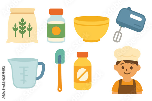 Gluten-Free Baking Fun. Flat vector mini-illustrations gluten free pastry mixing in colors children's illustrations: rice flour