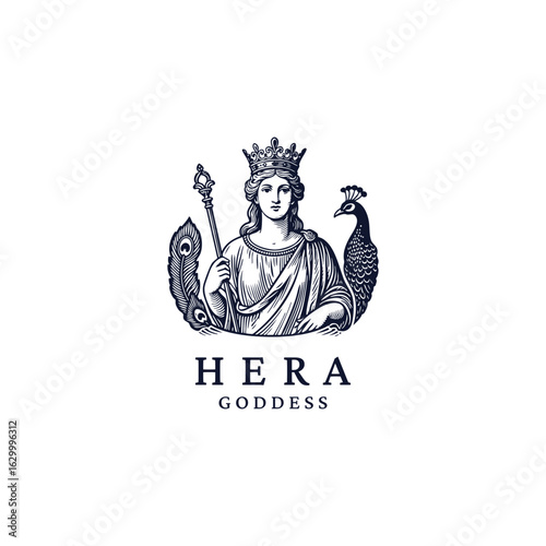 Vintage engraving of Hera, the majestic Greek goddess of marriage and queenship, crowned with regal symbols and intricate classical details