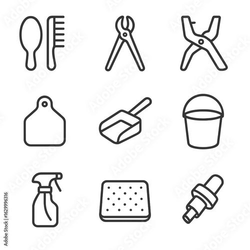Goat Care Icons. Outline icon set of goat care equipment: brush and comb, hoof trimming tool, ear tagger, feed scoop, milking