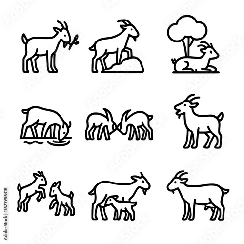 Goat Behavior Icons. Outline icon set of goat behaviors and poses: standing nibble, climbing on rock, lounging under shade,