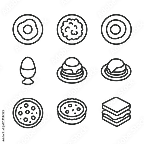 Egg Breakfast Icons. Outline icon set of egg breakfast dishes: fried egg, scrambled eggs, poached egg, omelette, boiled egg, eggs