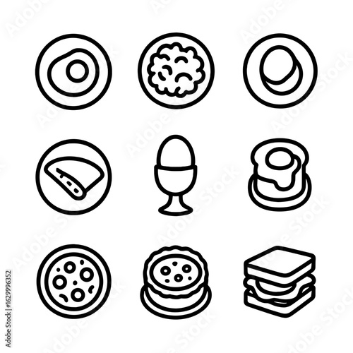 Egg Breakfast Icons. Outline icon set of egg breakfast dishes: fried egg, scrambled eggs, poached egg, omelette, boiled egg, eggs