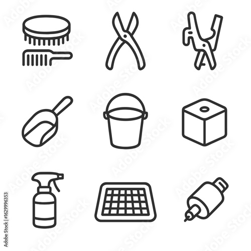 Goat Care Icons. Outline icon set of goat care equipment: brush and comb, hoof trimming tool, ear tagger, feed scoop, milking