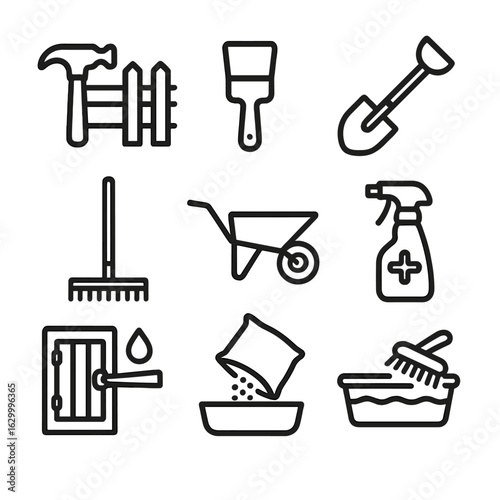 Goat Pen Icons. Outline icon set of goat pen maintenance tasks: fence repair hammer, paintbrush stroke, post replacing spade,
