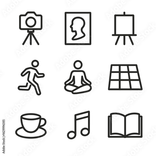 Golden Hour Icons. Outline icon set of golden hour activities: camera on tripod, silhouette portrait, painter’s easel, jogger