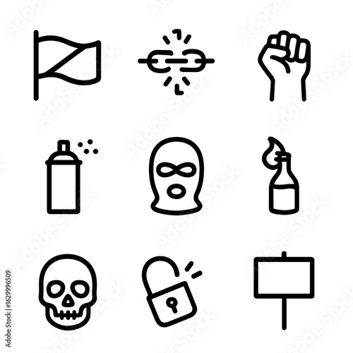 Anarchy Symbols Icon Set. Outline icon set of anarchy symbols and concepts: anarchist flag, broken chain, raised fist, graffiti