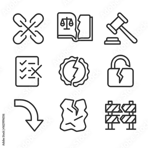 Icons of Prohibition. Outline icon set of forbidden acts and breaches: crossed broken chain, torn law book, broken gavel,