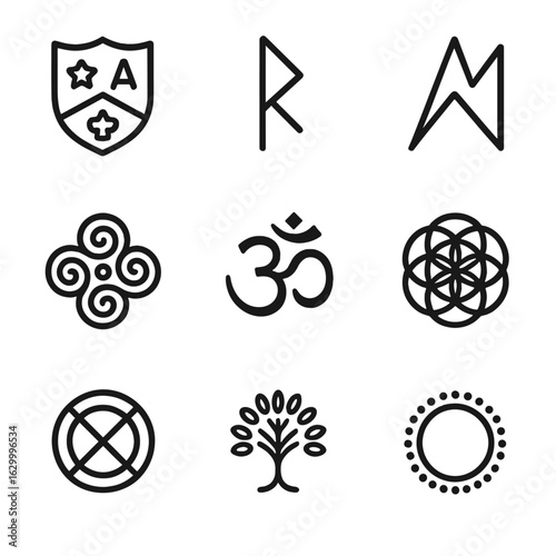 Ancestral and Urban Icons. Outline icon set of ancestral symbols: family crest, ancient rune, tribal mark, cultural seal,