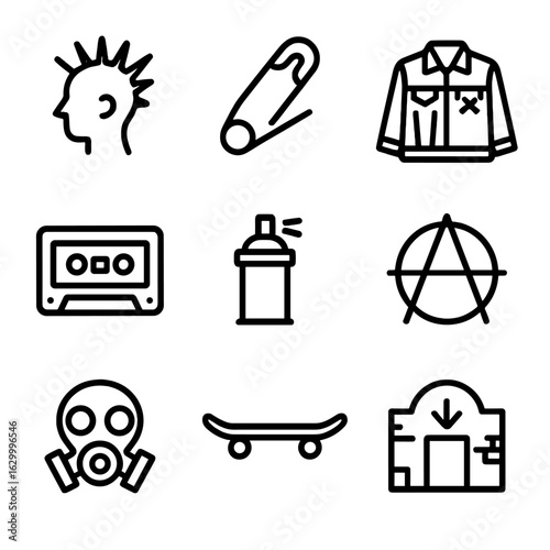 Anarchist Icon Set. Outline icon set of anarchist culture and lifestyle: punk hairstyle, safety pin, patched jacket, cassette tape