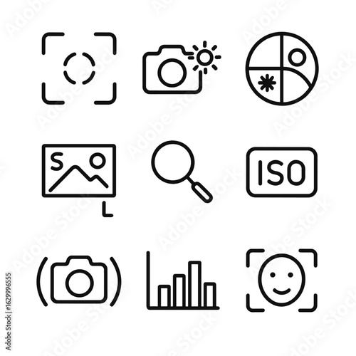 Digital Camera Icon Set. Outline icon set of digital capture features: autofocus, exposure, white balance, resolution, zoom, ISO