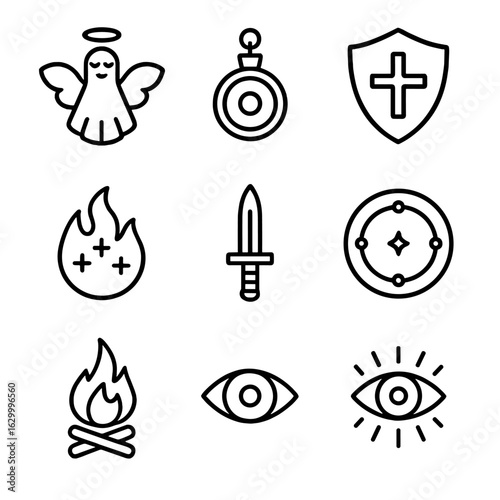 Ancestral Protection Icons. Outline icon set of ancestral protection: guardian spirit, amulet, shield, talisman, protective circle