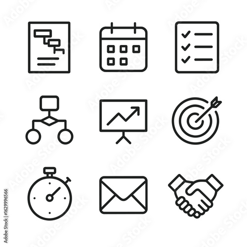 Project Management Icons. Outline icon set of project mission brief: gantt chart, calendar, task list, flowchart, presentation