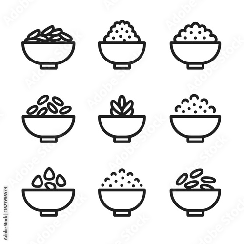 Grain Icons Set. Outline icon set of grain bases: brown rice, quinoa, millet, farro, barley, bulgur, buckwheat, couscous, oats.