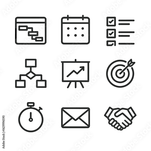 Project Management Icons. Outline icon set of project mission brief: gantt chart, calendar, task list, flowchart, presentation