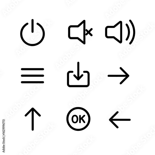 Projector Remote Icons. Outline icon set of projector remote control buttons: power, mute, volume up, volume down, menu, input