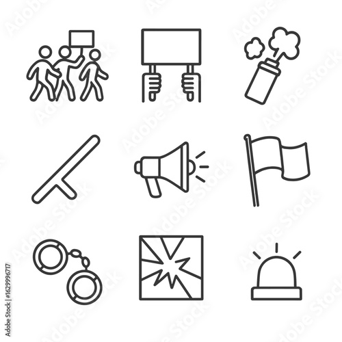 Protest Icon Set. Outline icon set of protest and civil disobedience: marchers, protest signs, tear gas canister, police baton,
