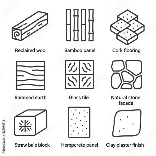 Green Building Icons. Outline icon set of green building materials: reclaimed wood beam, bamboo panel, cork flooring, rammed earth