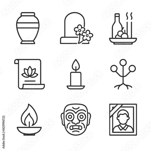 Ancestral Ritual Icons. Outline icon set of ancestral rituals: urn, grave flowers, spirit offering, remembrance scroll, candle