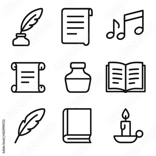 Psalm Composition Icons. Outline icon set of psalm composition: quill pen, parchment, music notes, scroll, ink bottle, manuscript,