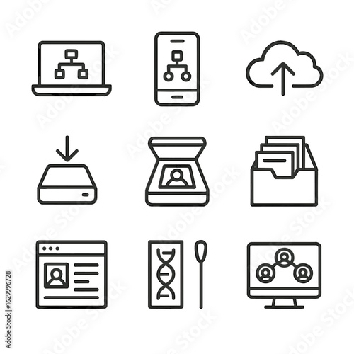 Ancestry Digital Tools Icons. Outline icon set of ancestry digital tools: genealogy software, family tree app, cloud storage, data