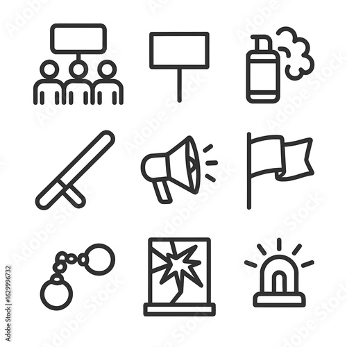 Protest Icon Set. Outline icon set of protest and civil disobedience: marchers, protest signs, tear gas canister, police baton,