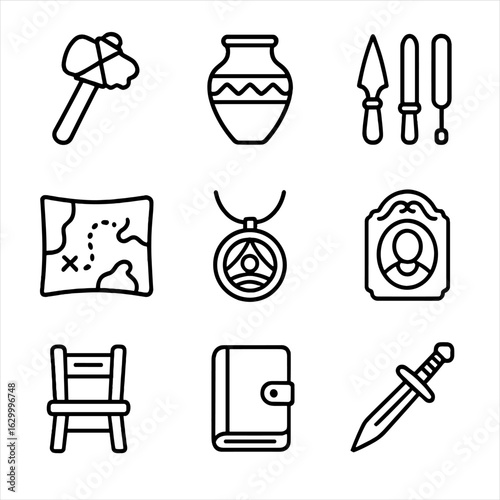 Ancestral Tools Icons. Outline icon set of ancestral tools: stone axe, ancient pottery, traditional tools, old map, handmade
