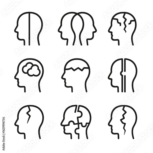 Psychological Icons Grid. Outline icon set of psychological duality and fragmentation: split mind, dual souls, fragmented psyche,