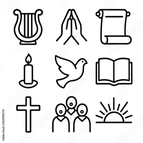 Psalm Icon Set. Outline icon set of psalm themes: harp, prayer hands, scroll, candle, dove, open book, cross, choir, sun rays.