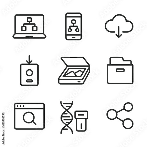 Ancestry Digital Tools Icons. Outline icon set of ancestry digital tools: genealogy software, family tree app, cloud storage, data