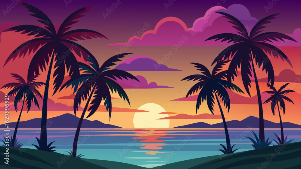 Fototapeta premium Vector art of vibrant sunset over the ocean with silhouetted palm trees and colorful clouds reflecting in the calm water, creating a tropical paradise