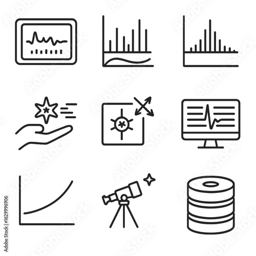 Pulsar Research Icon Set. Outline icon set of pulsar research methods: timing analysis, periodogram, Fourier transform, pulse