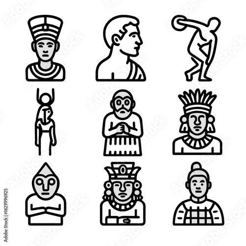Ancient Statue Line Icons. Outline icon set of ancient statues: Pharaoh bust, Roman emperor, Greek athlete, Egyptian goddess,