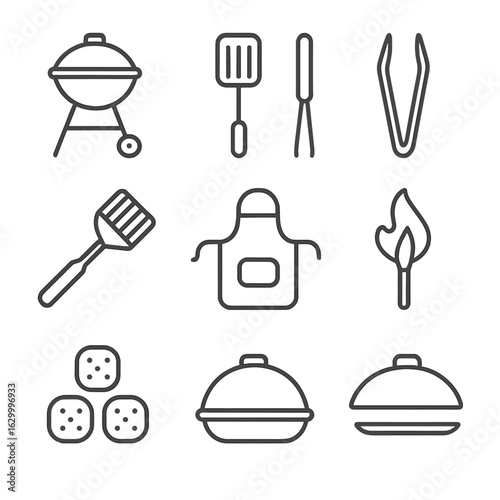 Grilling Tools Icon Set. Outline icon set of grilling tools and equipment: charcoal grill, spatula, tongs, grill brush, meat