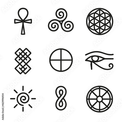 Ancient Symbol Icons. Outline icon set of ancient eternity symbols: Ankh, Triskelion, Flower of Life, endless knot, circle cross,