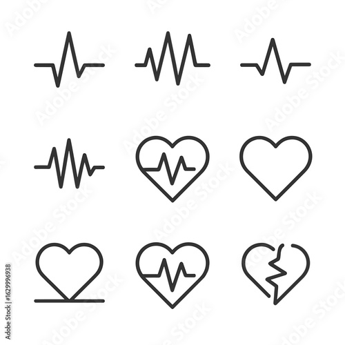 Pulse Icon Set. Outline icon set of pulse health indicators: normal pulse, rapid pulse, slow pulse, irregular pulse, weak pulse,