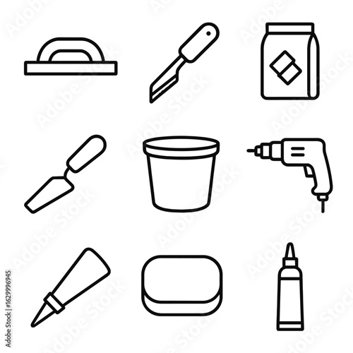 Grout Repair Icons. Outline icon set of grout repair tools and materials: grout float, grout saw, grout mix bag, margin trowel,