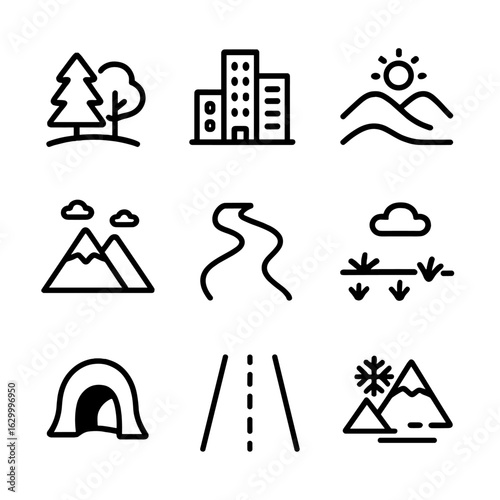Pursuit Environments Icons. Outline icon set of pursuit environments: forest, city, desert, mountain, river, open field, cave,