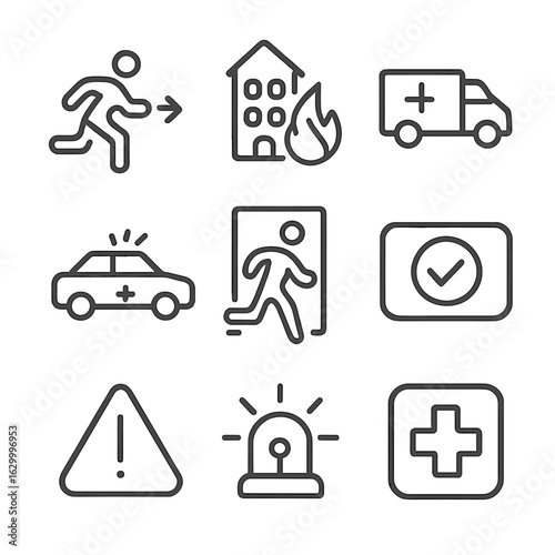 Emergency Path Icons. Outline icon set of emergency and safety routes: evacuation path, fire escape, ambulance route, police car